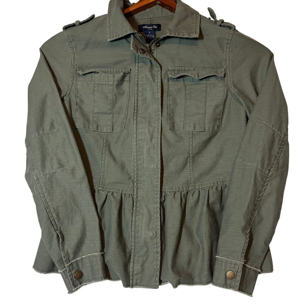 Anna Cai New York Olive Green Military Look Zippered Ruffled Hem Jacket Sz S